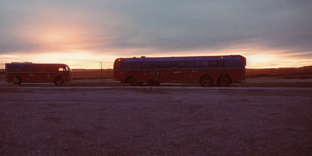 Image similar to exterior of a greyhound bus in the middle of nowhere, sunset, eerie vibe, leica, 2 4 mm lens, cinematic screenshot from the 2 0 0 1 film directed by charlie kaufman, kodak color film stock, f / 2 2, 2 4 mm wide angle anamorphic