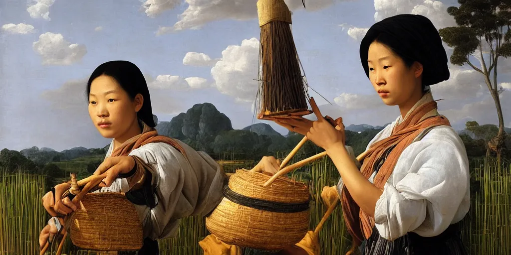 Image similar to beautiful oil matte portrait painting, vietnamese woman of an elevated rice field tending to her work, wonderful masterpiece highly detailed, beautiful cinematic light deep focus, elegant, digital painting, smooth, sharp focus, golden ratio, dramatic illumination, ultra realistic, 8 k, art by artemisia lomi gentileschi and caravaggio