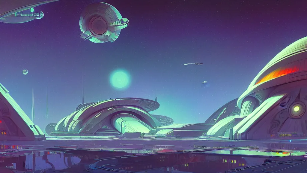 Image similar to digital render. deep space robotic spaceport. retro. space science fiction digital painting. bruce pennington. zaha hadid. beeple. john schoenher. syd mead. alphonse mucha. tim mcburnie