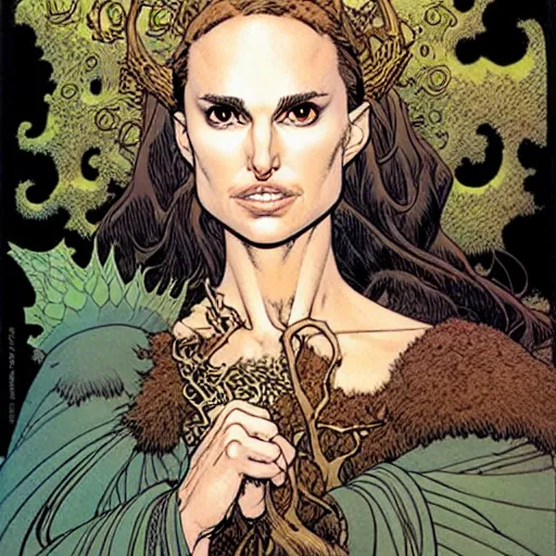 Image similar to a realistic portrait of natalie portman as a druidic wizard by rebecca guay, michael kaluta, charles vess and jean moebius giraud