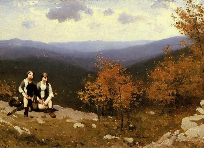 Prompt: portrait of friends hiking franconia ridge new hampshire in autumn, jean - baptiste - camille corot