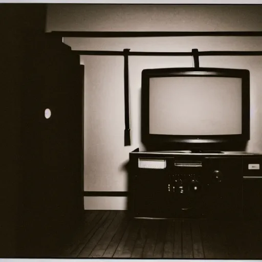 Prompt: Photograph of an old black room with a TV playing an emergency warning, dust in the air, brown wood cabinets, taken using a film camera with 35mm expired film, bright camera flash enabled, award winning photograph, creepy, liminal space