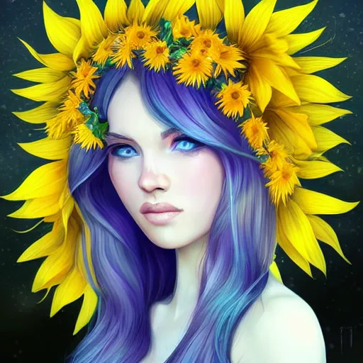 Image similar to a beautiful stunning matte digital portrait illustration of a blue-eyed woman with freckles and violet hair wearing a yellow sunflower crown, in the style of Ross Tran, trending on artstation, contest winner