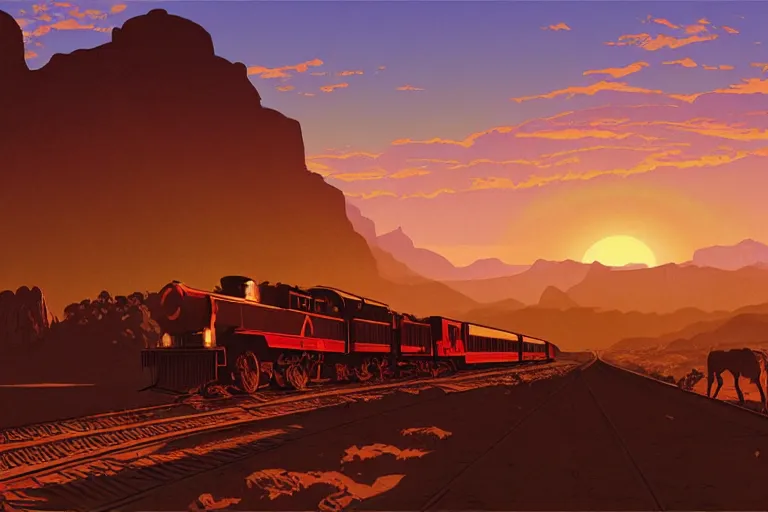 Image similar to idyllic old western train station illustration by syd mead, artstation, 4 k, graphic novel, concept art, matte painting, steam engine, beautiful mountain desert sunset background, golden hour