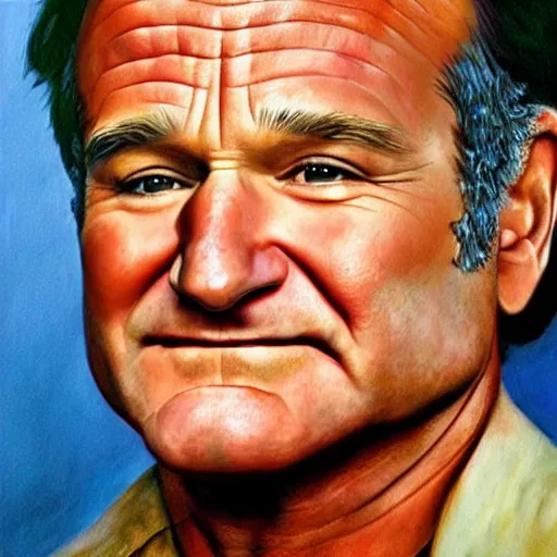 Prompt: ultra realistic portrait painting of robin williams, art by frank frazetta, 4 k, ultra realistic, highly detailed, epic lighting