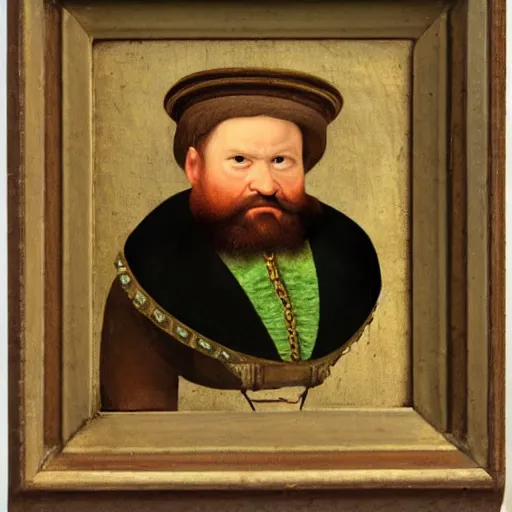 Prompt: detailed renaissance portrait painting of gentleman dwarf with green wearing brown tuxedo