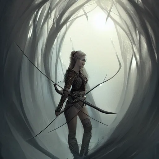 Prompt: beautiful extremely detailed intricate concept art depicting an archer by charlie bowater. shining jewelry. grey atmosphere. particles in the background. bcy. net