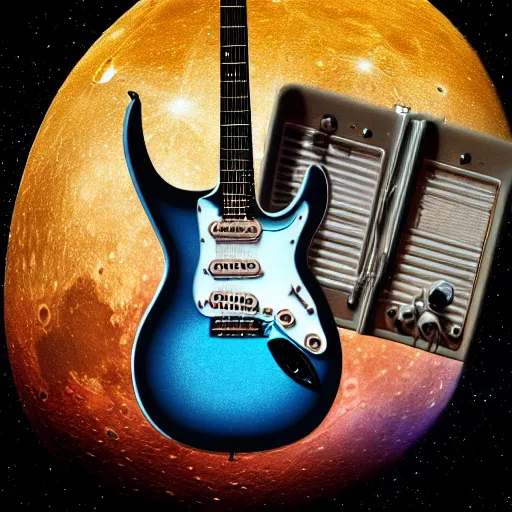 Prompt: a detailed, realistic, idle, regular sized electric guitar next to a detailed, realistic, idle, regular sized beer can on the moon. detailed photo. realistic photo. art deco style