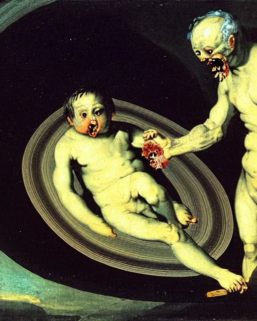 Prompt: saturn being devoured by his son, painted by goya