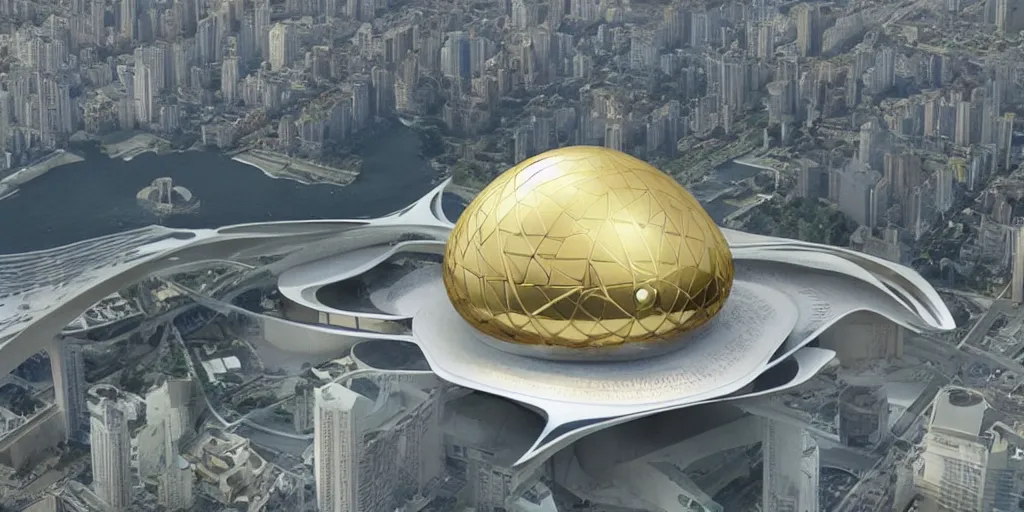 Image similar to mosque floating spaceship by zaha hadid, gold dome fantasy world