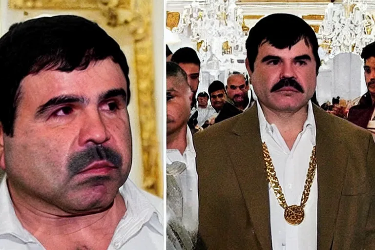 Image similar to el chapo standing in the middle of a grandiose mexican mansion. everything is made out of gold. el chapo is sipping on wine. the mansion is incredible and ornate. chapo has a clockwork chain. there are princesses and queens everywhere around him