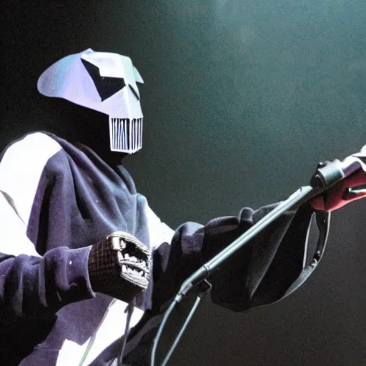 Image similar to rapper mf doom performing madvillany on stage