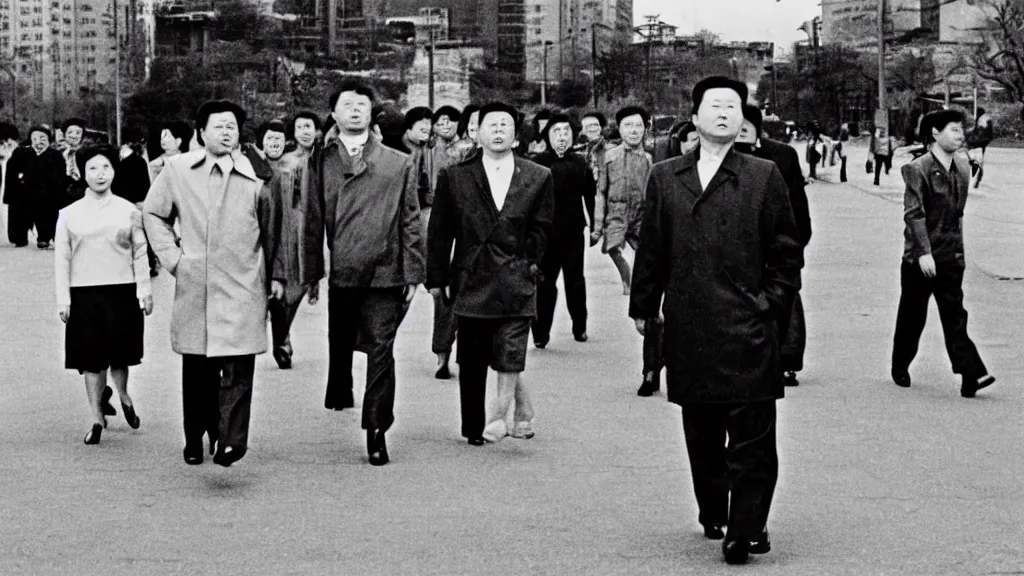 Image similar to kim jong - il walking in 1 9 6 0 s pyongyang, film noir thriller in the style of orson welles and andrei tarkovski