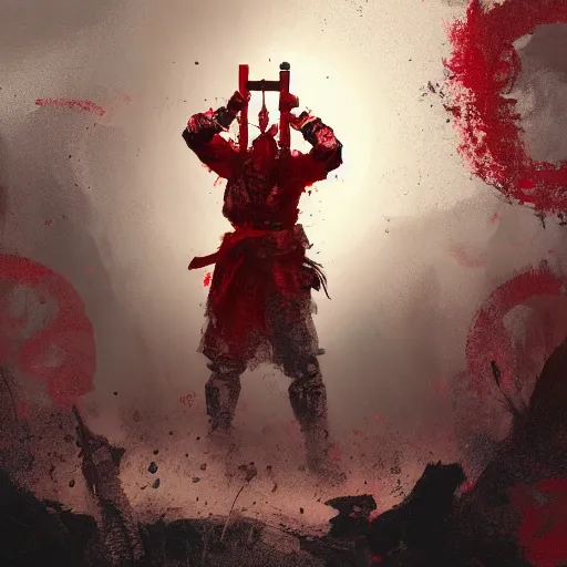 Image similar to artwork by Craig Mullins and Russ Mills and SPARTH showing a samurai in front of a red circle