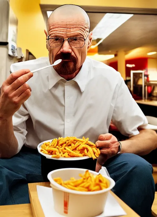 Image similar to portrait of walter white eating chicken sitting down in a fast food restaurant, 4K HD