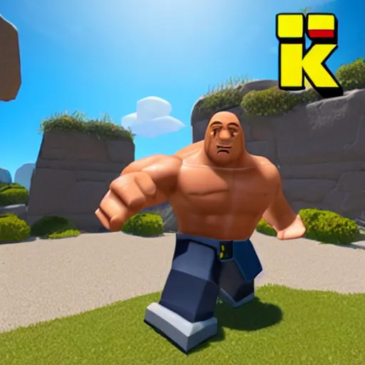 Image similar to screenshot from roblox game dwayne the rock johnson as roblox character