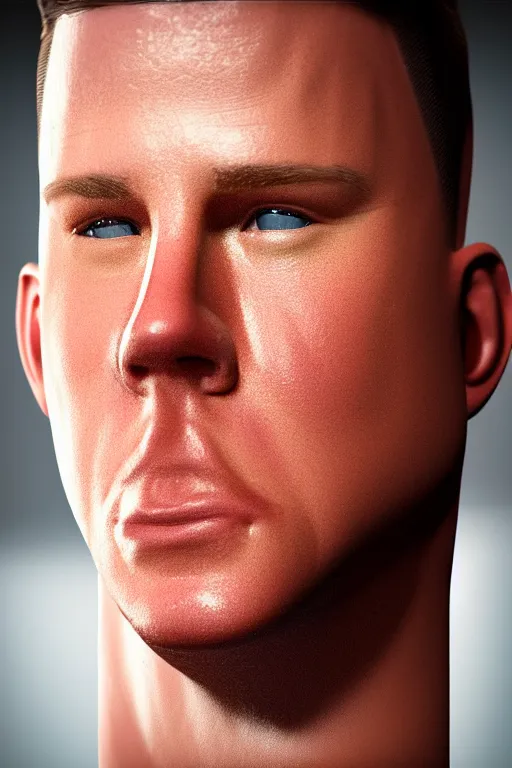 Image similar to a head shot of channing tatum as half human and a tater tot on a plate, tater tot face, ef 8 5 mm f 1. 8 usm, bionic scifi alexandre ferra, hyper detailed, digital art, trending in artstation, cinematic lighting, studio quality, smooth render, unreal engine 5 rendered, octane rendered