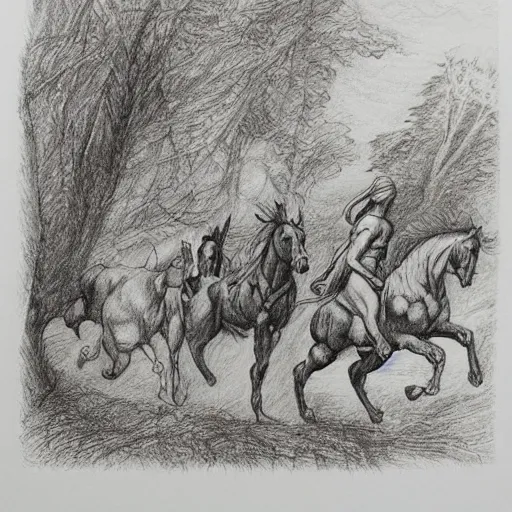 Image similar to “8k pencil drawing of Diana huntress in beautiful forest, Horses in run, intricate in style of Michelangelo and Rubens and Albrecht Durer, hand made paper” - H 768