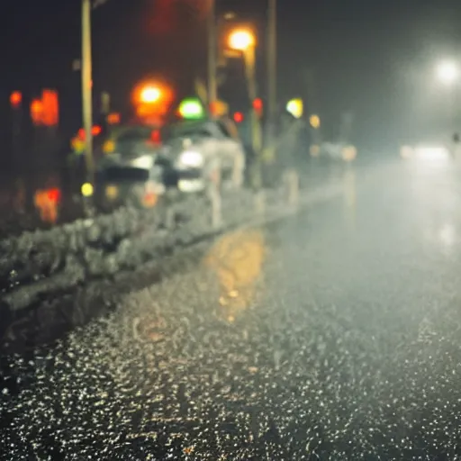 Image similar to beautiful photo, aspic on asphalt smoking cigarette, night, rain, fog, wet road