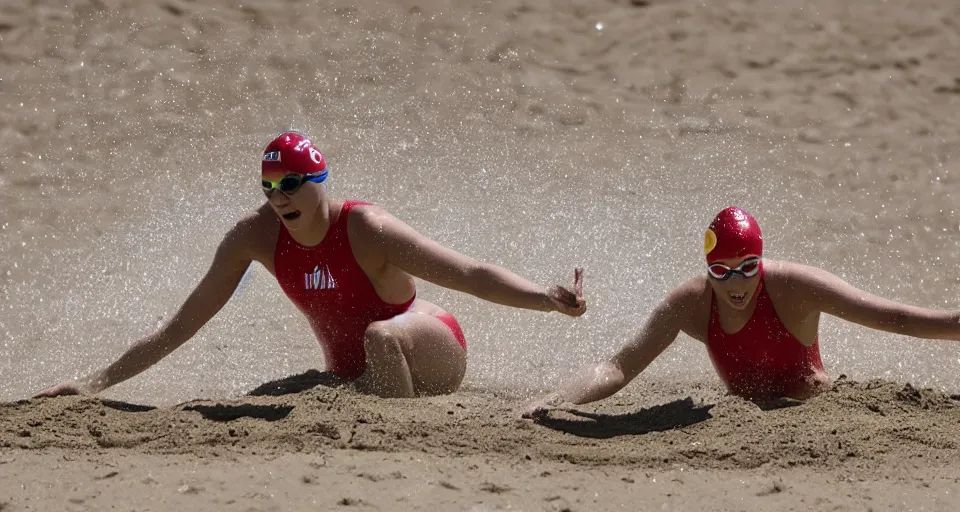 Image similar to olympic swimming in sand instead of water, extremely coherent