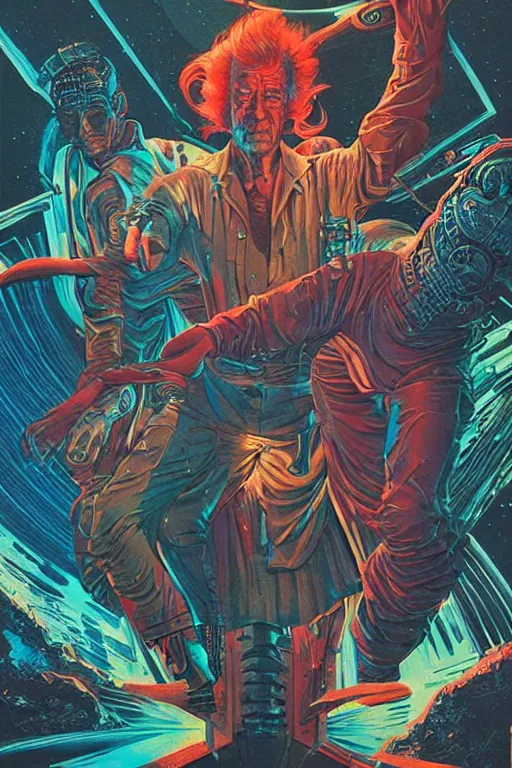 Image similar to John Noble as Rick Sanchez, science fiction, retro cover, high details, intricate details, by vincent di fate, artgerm julie bell beeple, 60s, inking, vintage 60s print, screen print