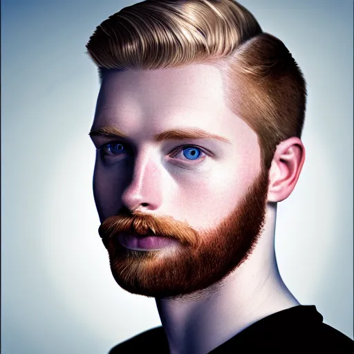 Prompt: A portrait of a british man, digital painting man with short blond hair and a short beard, blue eyes, pale skin, English heritage, digital art, styized, head shot, 8k