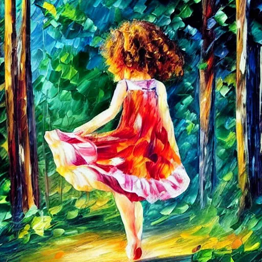 Image similar to A little girl with curly brown hair with a happy expression wearing a summer dress dancing in the woods by Leonid Afremov