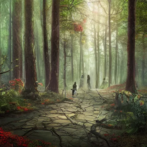 Prompt: The woods of The Feywild, the spring court, realism, fantasy setting, 8k, highly detailed, contrast, fantastical