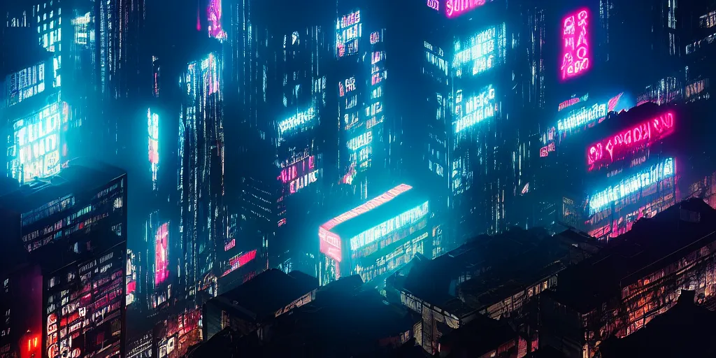 Image similar to giant illuminated advert screens, megacity streets seen from above, eerie fog, neon signs, blade runner, ex machina