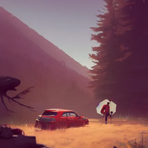 Image similar to ilustration hiker unloading the car before camping, characterized by roman shipunov, etienne hebinger, atey ghailan, cgsociety, cynical realism, fantasy art, 2 d game art