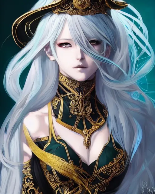 Image similar to beautiful anime portrait of a female fighter!! long white hair! teal eyes! fighting stance!!!! intricate ornate gold and black outfit!!! elegant, artbook, fine details by stanley artgerm lau, wlop, rossdraws, james jean, andrei riabovitchev, marc simonetti, and sakimichan, trending on artstation