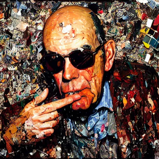 Prompt: hyperrealistic, photorealistic, mixed media oil painting of hunter s. thompson, magazine scraps, plaster, oil, splatter, greg rutkowski