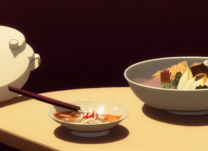 Image similar to a film still portrait of a bowl with sukiyaki, finely detailed features, closeup at the food, perfect art, at a dinner table, gapmoe yandere grimdark, trending on pixiv fanbox, painted by greg rutkowski makoto shinkai takashi takeuchi studio ghibli, akihiko yoshida