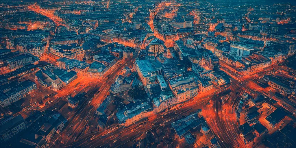 Image similar to cinematic street shot of a flying city, phalanster, saint petersburg city, telephoto, anamorphic cinematography, beautiful composition, color theory, leading lines, photorealistic, moody volumetric lighting