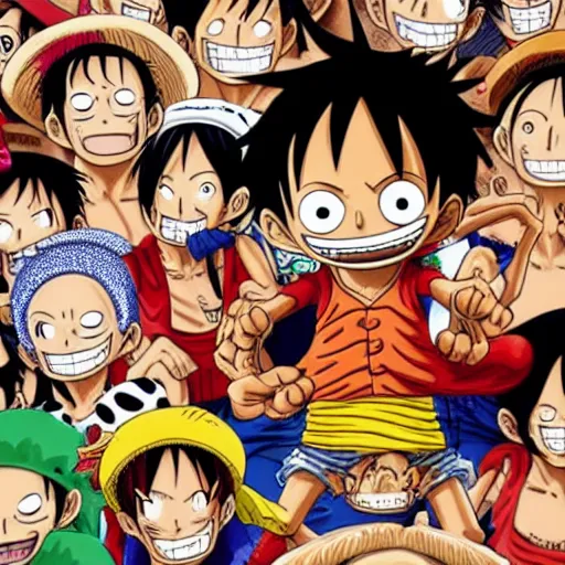 Prompt: luffy d. monkey from one piece in a where's wally waldo image