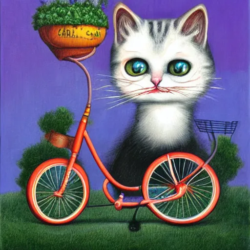 Prompt: cat on a triciycle, lowbrow painting by mark ryden