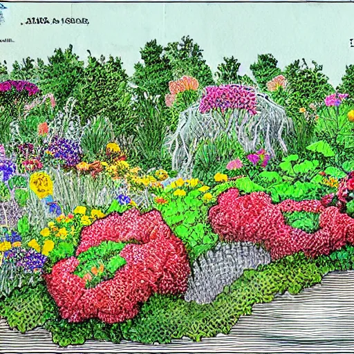 Image similar to a patent drawing of a gorgeous garden on the edge of a cliff filled with beautiful flowers of all colors and from all around the world