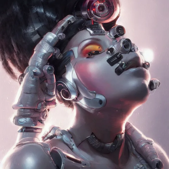 Image similar to cyborg bjork, portrait, highly detailed, digital painting, trending on artstation, concept art, sharp focus, illustration, art by artgerm and greg rutkowski and magali villeneuv