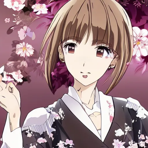 Prompt: Detailed anime key visual of a beautiful Japanese woman with short brown hair, shoulder-length; wearing a white shirt with a floral pattern; Official media