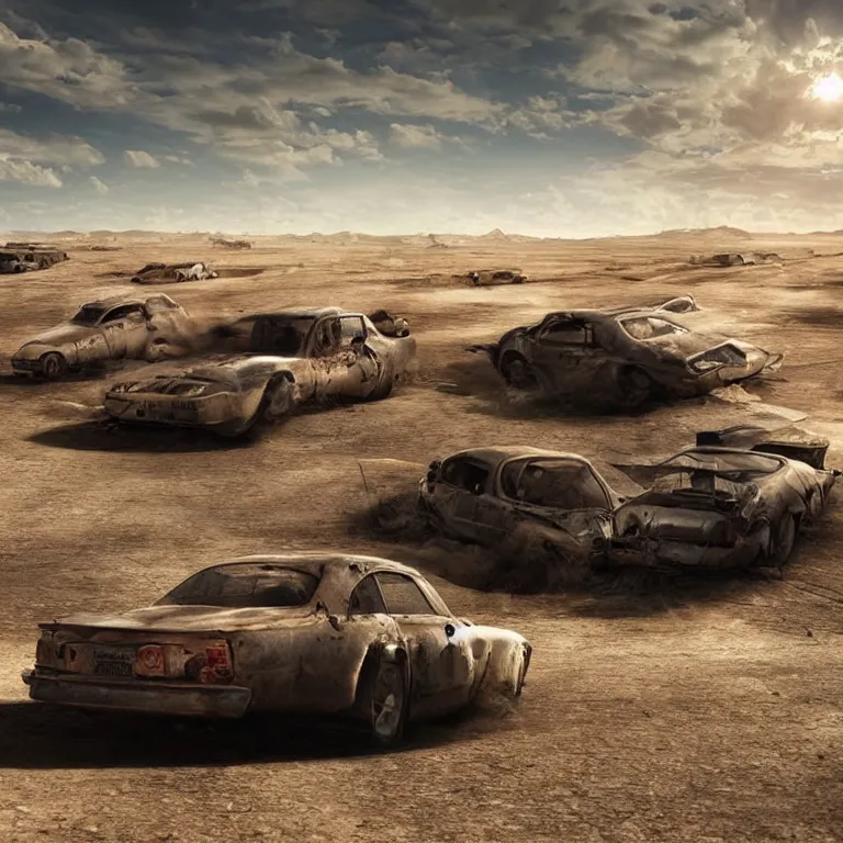 Image similar to A car drifting across a vast desert under an unrelenting sun. award winning. superb resolution. Detailed post-apocalyptic wasteland in background. Hyper realistic. Perfect art.