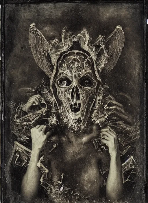 Image similar to old wetplate daguerreotype demons, devil, pain, anger, desolation, angel, throne, spear, explosion of data fragments, fractal, intricate, elegant, highly detailed, parallax, leica, medium format, subsurface scattering, by jheronimus bosch and greg rutkowski and louis jacques mande daguerre