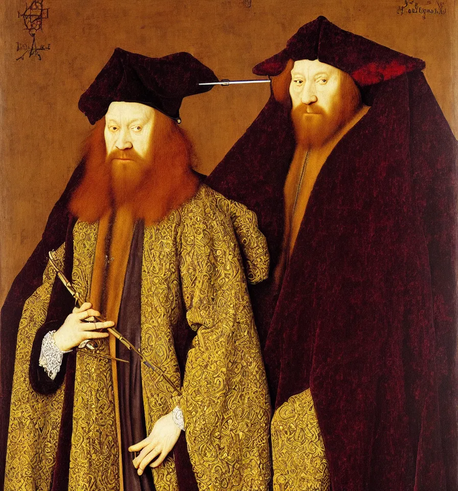 Prompt: painted portrait of a glorious wizard with a magic wand wearing a rich embroidered velvet cloak, 1 6 th century, hans holbein the younger, jan van eyck, gerit dou,