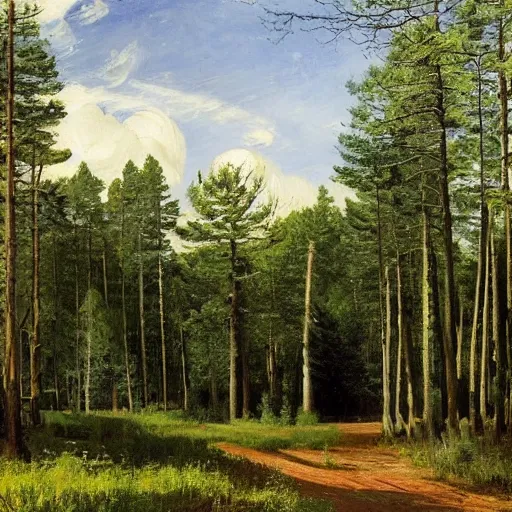 Prompt: A beautiful forest scene on a sunny day, a brick and mortar gate, pine tree forest, by Isaac Levitan and Emilio Sánchez-Perrier