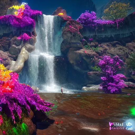 Image similar to the universe is a woman - shaped waterfall spilling onto the rocks of love in a million bright colors of swirling ecstasy, unreal engine, dramatic lighting, cinematic