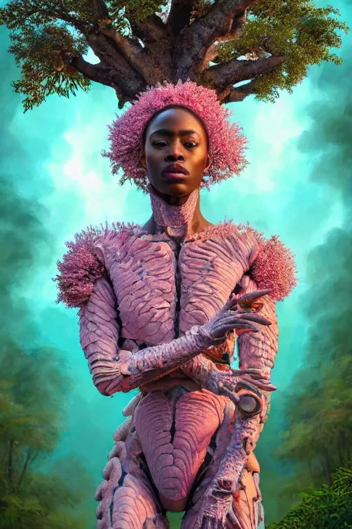 Image similar to hyperrealistic post - renaissance cinematic super expressive! yoruba goddess with exoskeleton armor, merging with tree in a forest, pink orange flowers, highly detailed digital art masterpiece, smooth cam de leon eric zener dramatic pearlescent soft teal light, ground angle hd 8 k, sharp focus