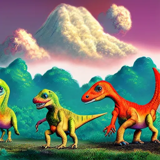 Image similar to cute dinosaurs walking around a field with a volcano in the background, concept art, illustrated, highly detailed, high quality, bright colors, optimistic,