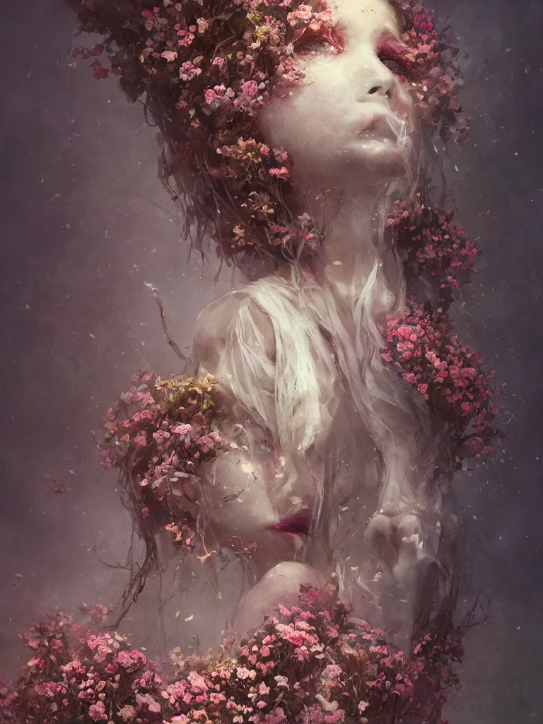 Image similar to a beautiful terrifying girl made of flowers. ethereal horror fantasy art by greg rutkowski and magali villanueve and monet, concept art, smooth, cinematic lighting, 8 k resolution