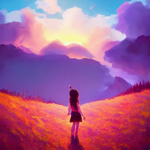 Image similar to giant carnation flower as a head, girl hiking in the mountains, surreal photography, sunrise, dramatic light, impressionist painting, colorful clouds, digital painting, artstation, simon stalenhag