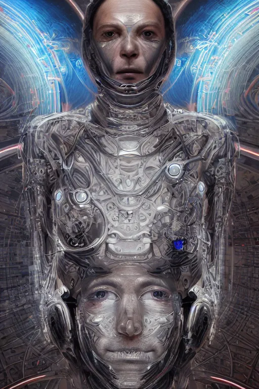 Prompt: cinematic portrait of an AI Robot man. Centered, uncut, unzoom, symmetry. charachter illustration. Dmt entity manifestation. Surreal render, ultra realistic, zenith view. Made by hakan hisim feat cameron gray and alex grey. Polished. Inspired by patricio clarey, heidi taillefer scifi painter glenn brown. Slightly Decorated with Sacred geometry and fractals. Extremely ornated. artstation, cgsociety, unreal engine, ray tracing, detailed illustration, hd, 4k, digital art, overdetailed art. Intricate omnious visionary concept art, shamanic arts ayahuasca trip illustration. Extremely psychedelic. Dslr, tiltshift, dof. 64megapixel. complementing colors. Remixed by lyzergium.art feat binx.ly and machine.delusions. zerg aesthetics. Trending on artstation, deviantart