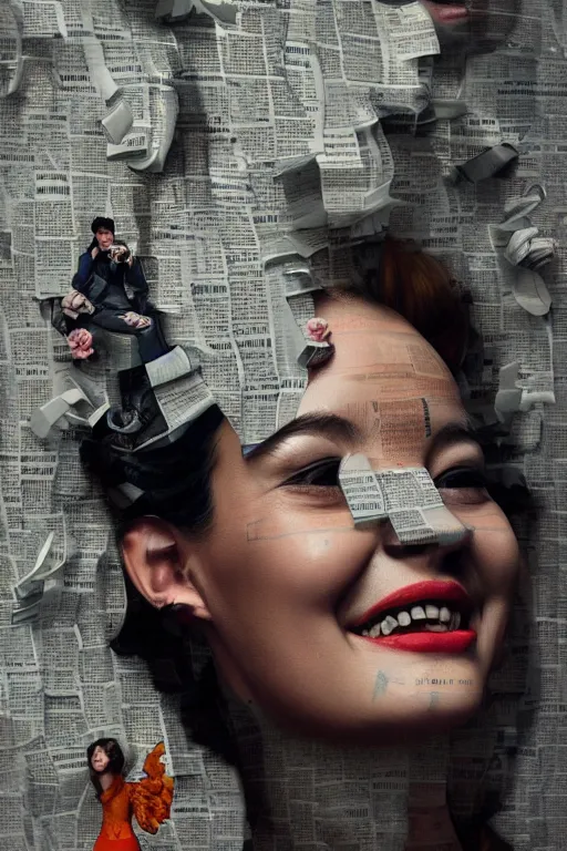 Image similar to 3 d, close - up, laughing fashion model looking up, newspaper, tears, poster art, intricate oil painting, high detail, figurative art, multiple exposure, poster art, 3 d, by stanley kubrick and tooth wu and wlop and beeple